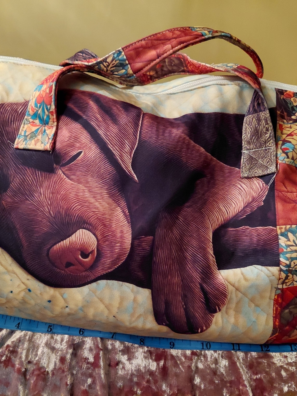 Quilted Patchwork Tote Bag with Sleeping Dog Print - Multicolor